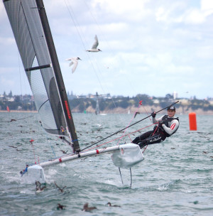 Mutton birds fly from Glenn Ashby's path in the A Class Worlds. Photo Cathy Vercoe/LuvMyBoat.com.